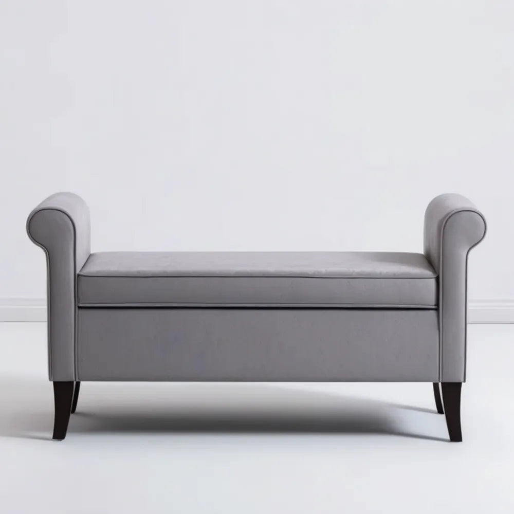 Szara ławka ze schowkiem i podłokietnikami, 120 × 45 × 65 cm
