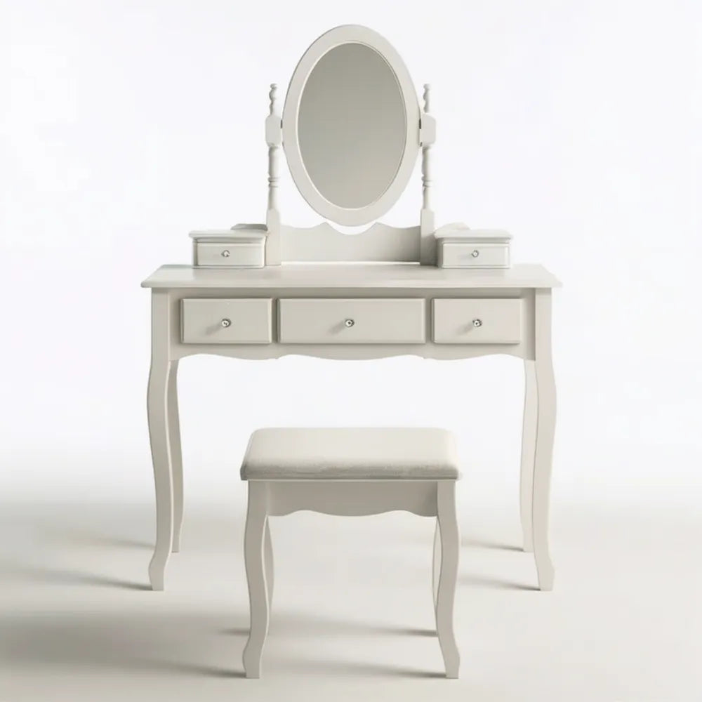 Biała toaletka z owalnym lustrem i taboretem, 80 x 40 x 140 cm
