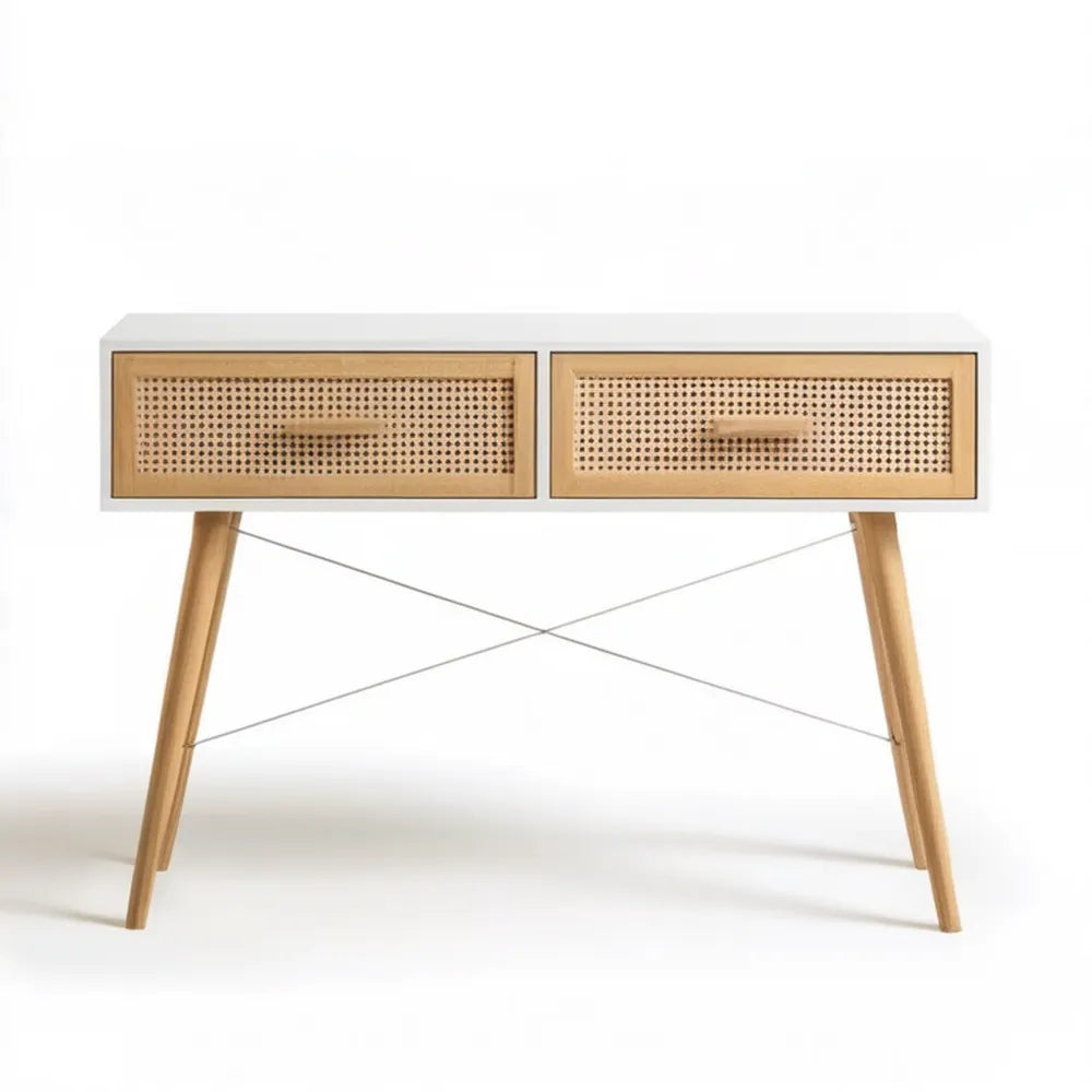 Konsola z 2 szufladami z MDF, rattanu i drewna sosnowego, biała/naturalna/beżowa/srebrna, 120 x 40 x 80 cm