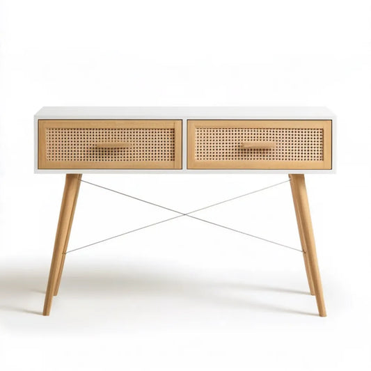 Konsola z 2 szufladami z MDF, rattanu i drewna sosnowego, biała/naturalna/beżowa/srebrna, 120 x 40 x 80 cm