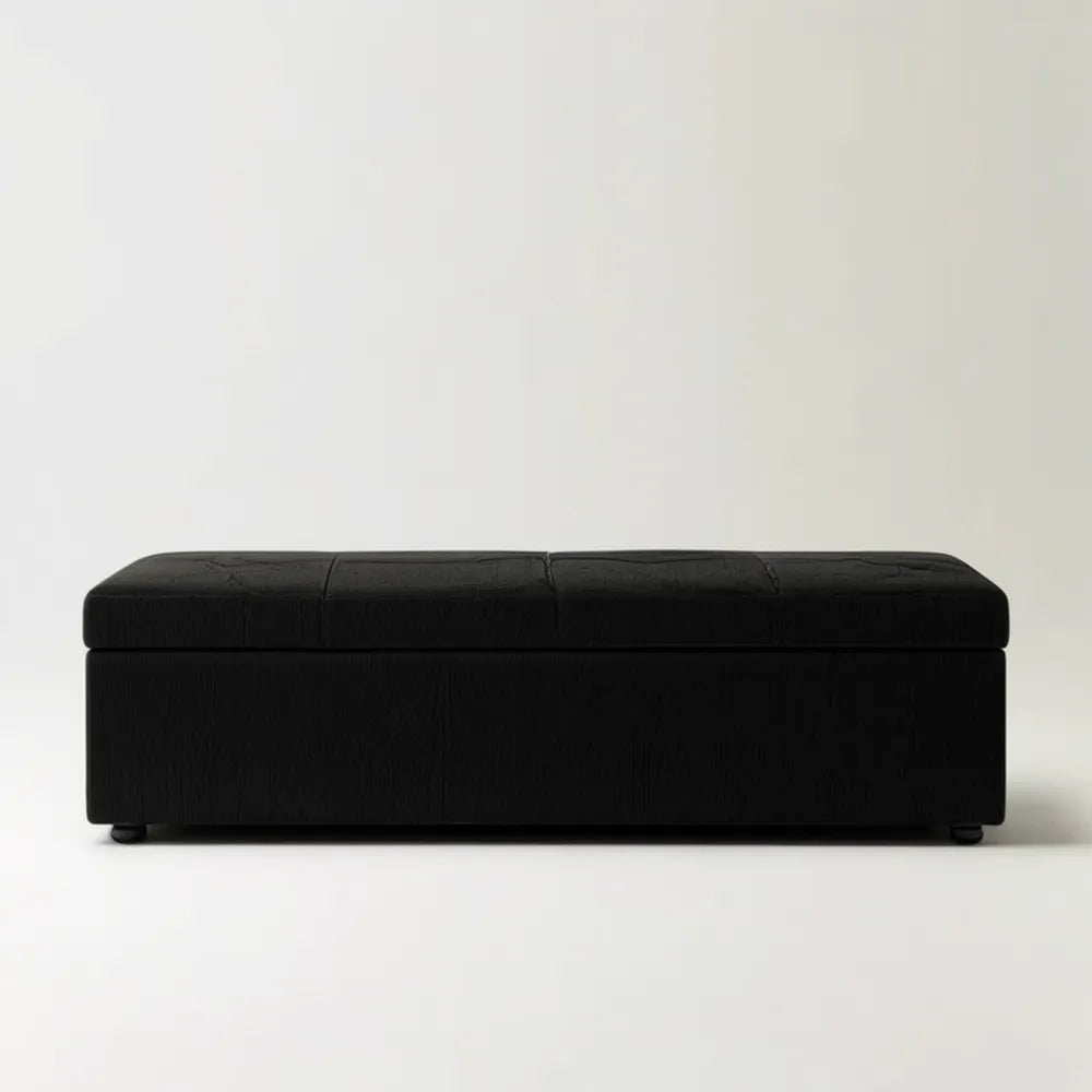 Czarna ławka do łóżka ze schowkiem, tapicerka PVC, 120 x 40 x 45 cm