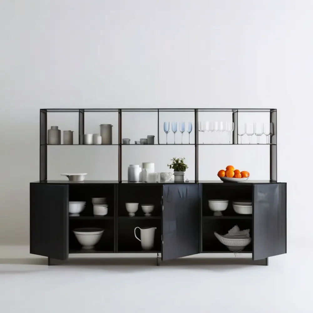 Czarny kredens do jadalni z MDF i stali, 180 x 40 x 180 cm