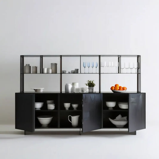 Czarny kredens do jadalni z MDF i stali, 180 x 40 x 180 cm
