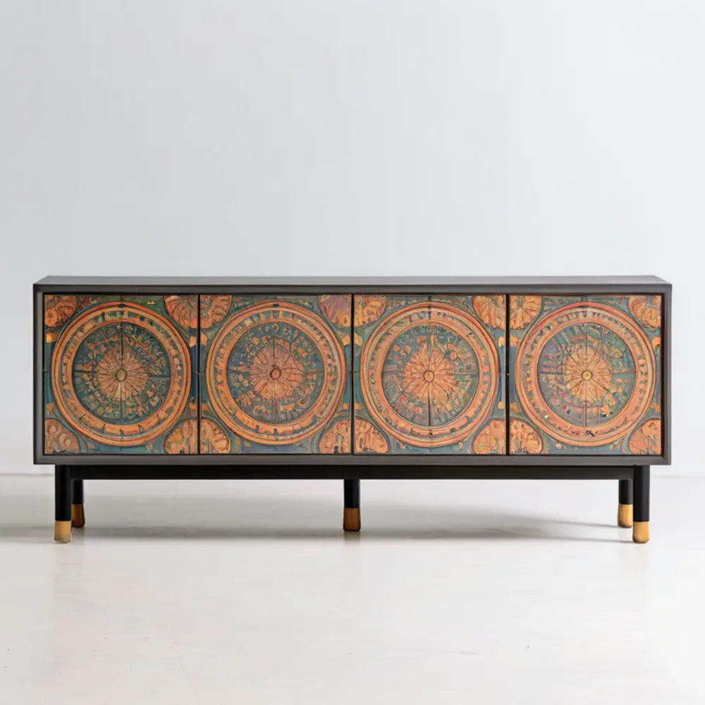 Komoda 4-drzwiowa z MDF, czarna z ornamentowym wzorem, 180 x 40 x 80 cm