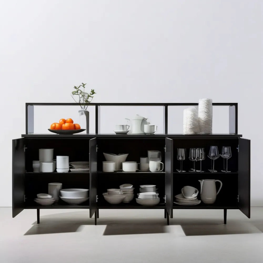 Czarny stalowy kredens 180 x 40 x 95 cm z 4 drzwiami i górną półką