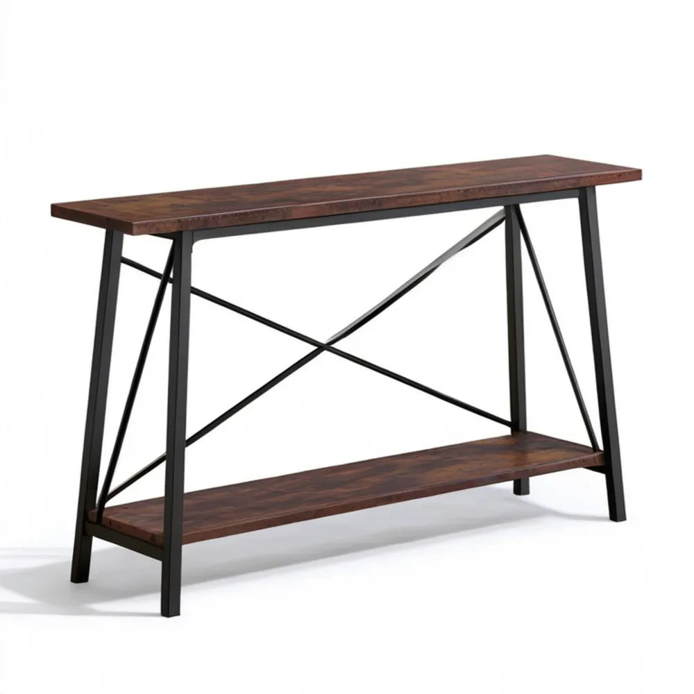 Konsola industrialna z półką MDF i stalową ramą, ciemny brąz/czarny, 120 × 30 × 80 cm